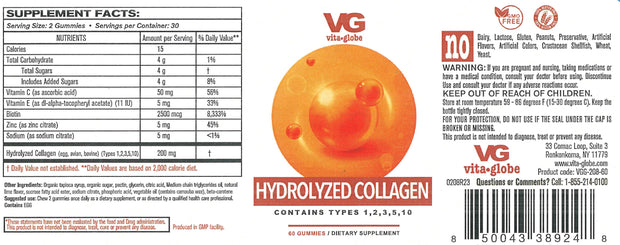 Vita Globe Hydrolyzed  Collagen Gummy Vitamins Supplement Facts