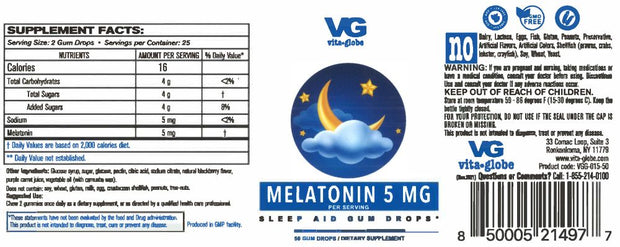 Vita Globe 5mg Melatonin Gummy Vitamins supplement facts