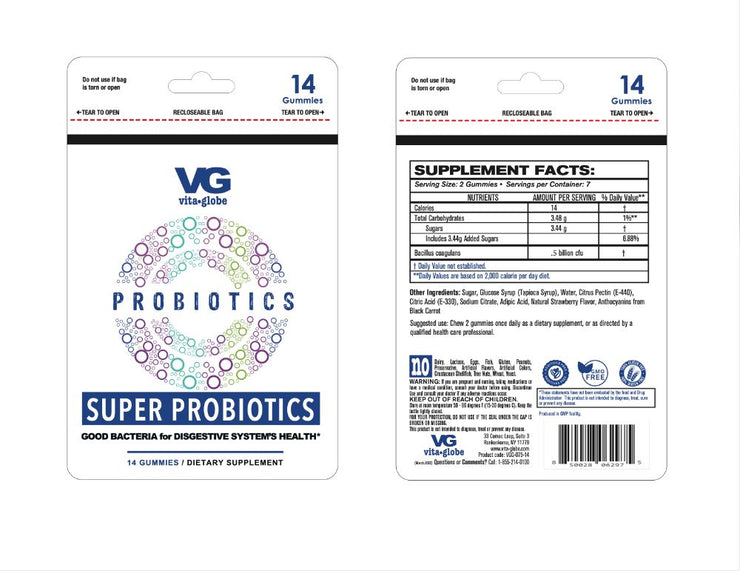 Vita Globe Super Probiotics Gummy Vitamin Pouches Supplement Facts