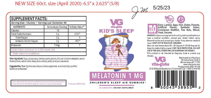Vita Globe Kid’s Sleep 1mg Gummy - Non-GMO, Vegan and Sleep Aid Supplement, Relieves Occasional Sleeplessness, 60 Count (Pack of 2)
