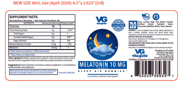 Vita Globe Sugar Free Melatonin Gummy Vitamins Supplement Facts
