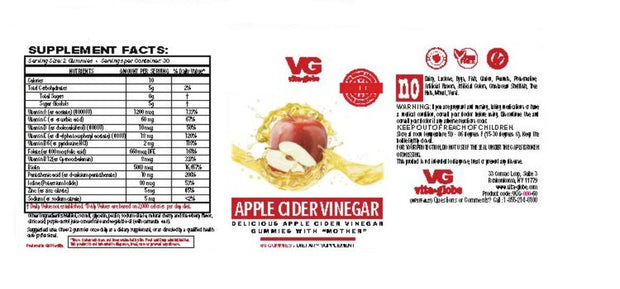 Vita Globe Sugar Free apple cider vinegar gummy vitamins supplement facts