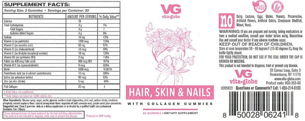 Vita Globe Hair, Skin and Nails with collagen gummy vitamins supplement facts