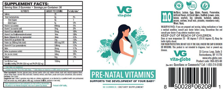 Vita globe Pre-natal fish oil gummy vitamins supplement facts